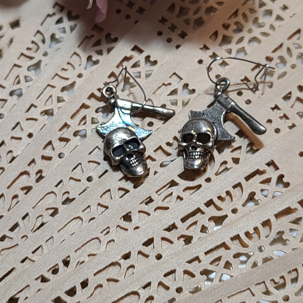 Vintage Silver Skull and Axe Earrings - Picture 2 of 7